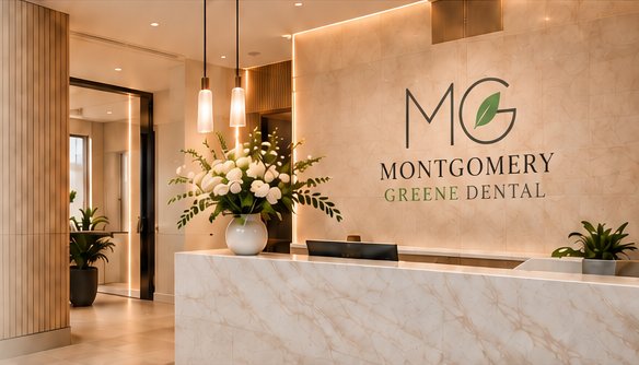 Reception desk with the Montgomery Greene Dental sign