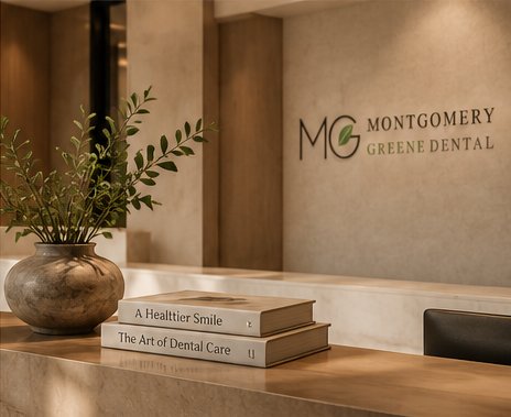 Lobby wall with the MG logo and books on a marble counter