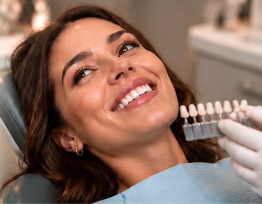Patient comparing a shade guide